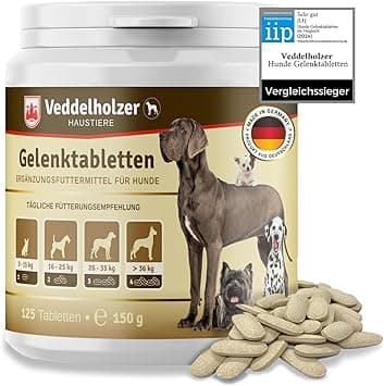 Los comprimidos condroprotector perros para articulaciones Veddelholzer con MSM, harpagófito glucosamina colágeno para fortalecer los huesos, fabricadas en Alemania, 125 cápsulas con hialurón y Omega3