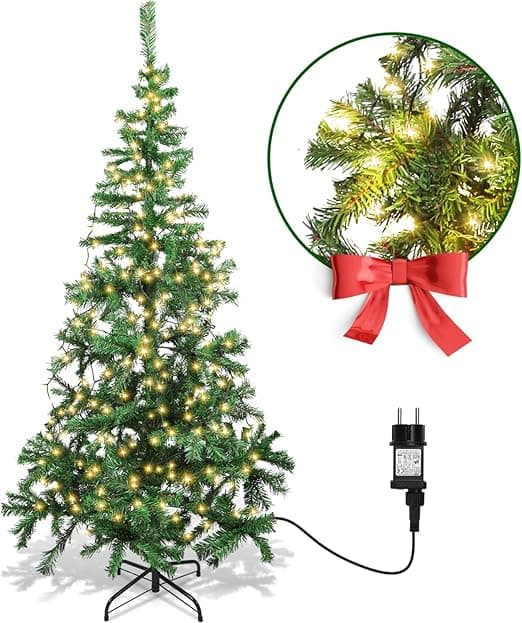 Aigostar 150 CM Árbol de Navidad Artificial,con Cadena de luces LED de 13 M, 200 LED Blanco cálido, 8 Modos de Iluminación,280 Ramas,Color Verde,Incluye Soporte de Meta