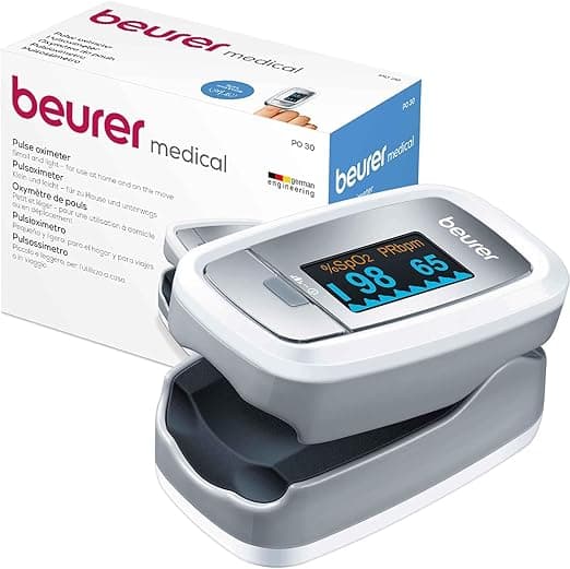 Beurer Pulsioxímetro De Dedo Para La Medición De La Saturación De Oxigeno En La Sangre Y El Pulso, Blanco/Plata, 60 x 36 x 32 mm